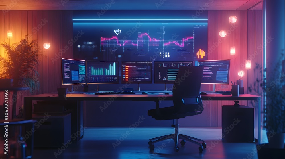 A minimalist office setup with 3D glowing dashboards tracking AI integration and 2D visual performance insights. 4k resolution, Cinematic Scene A minimalist office setup with 3D glowing dashboards tracking AI integration and 2D visual performance insights. 4k resolution, Cinematic Scene