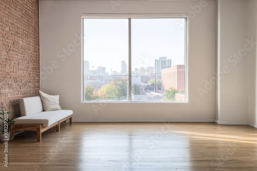 Spacious empty room with a large window overlooking a city skyline in daylight