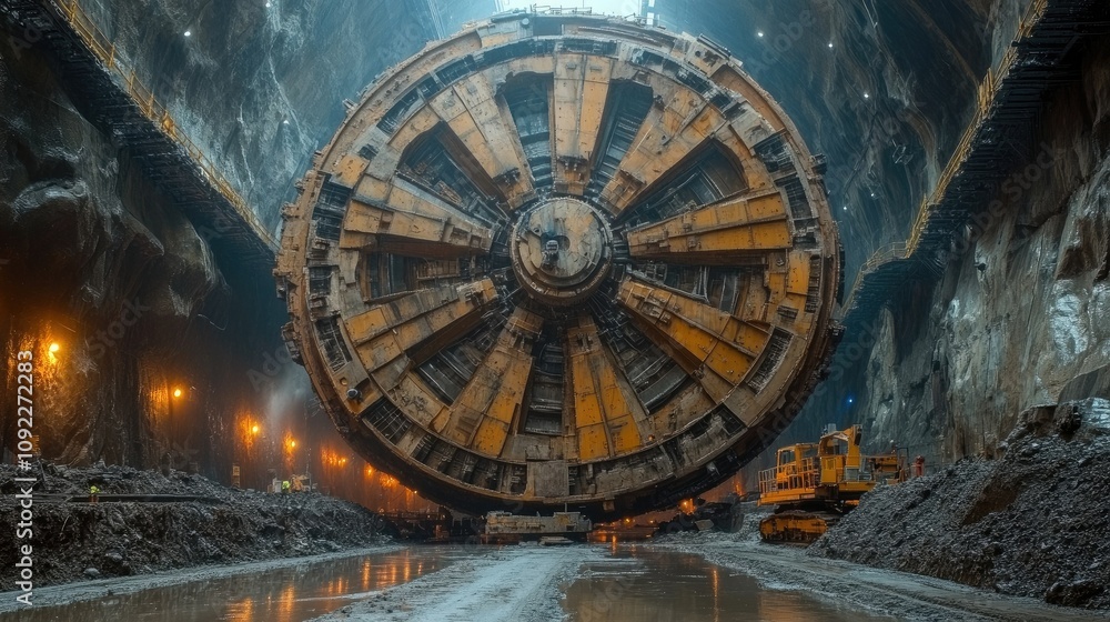 Obraz premium A large tunnel boring machine in an underground excavation site, surrounded by machinery and lighting.