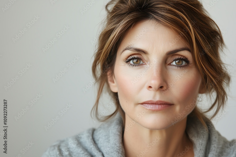 Naklejka premium Close-up Portrait of a Middle-Aged Woman with Brown Hair and Hazel Eyes, Serene Expression