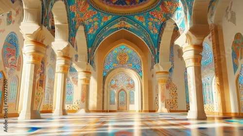 Sunlit ornate hall with colorful arches, pillars, and mosaic floor.