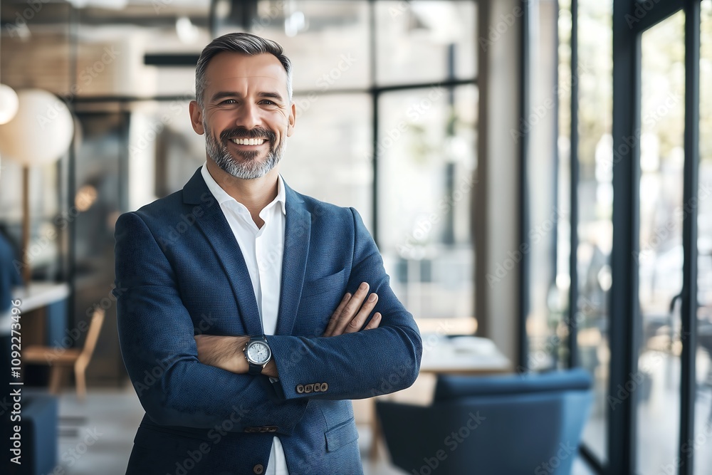 Fototapeta premium Confident Middle-Aged Businessman with Arms Crossed Smiling in Modern Office Setting