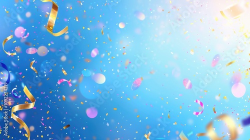 Colorful confetti and streamers floating in the air on a blue background. The concept of a holiday, party or New Year. photo