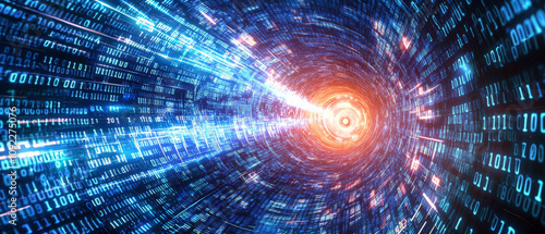 Digital tunnel with glowing binary code and vibrant light effects, creating sense of speed and technology. mesmerizing visual representation of data flow