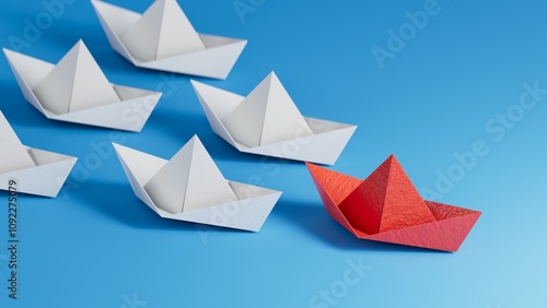 Different business concept.new ideas. paper art style.Leadership concept with red paper ship leading among white boats.3D rendering on blue background.