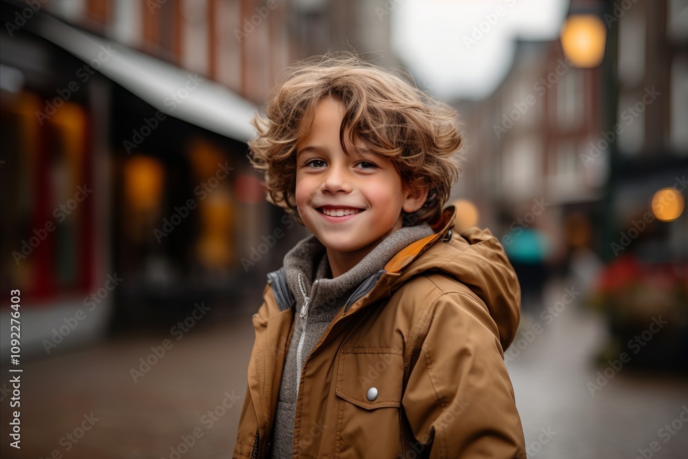 Portrait of a smiling little boy in a brown coat in the city Portrait of a smiling little boy in a brown coat in the city