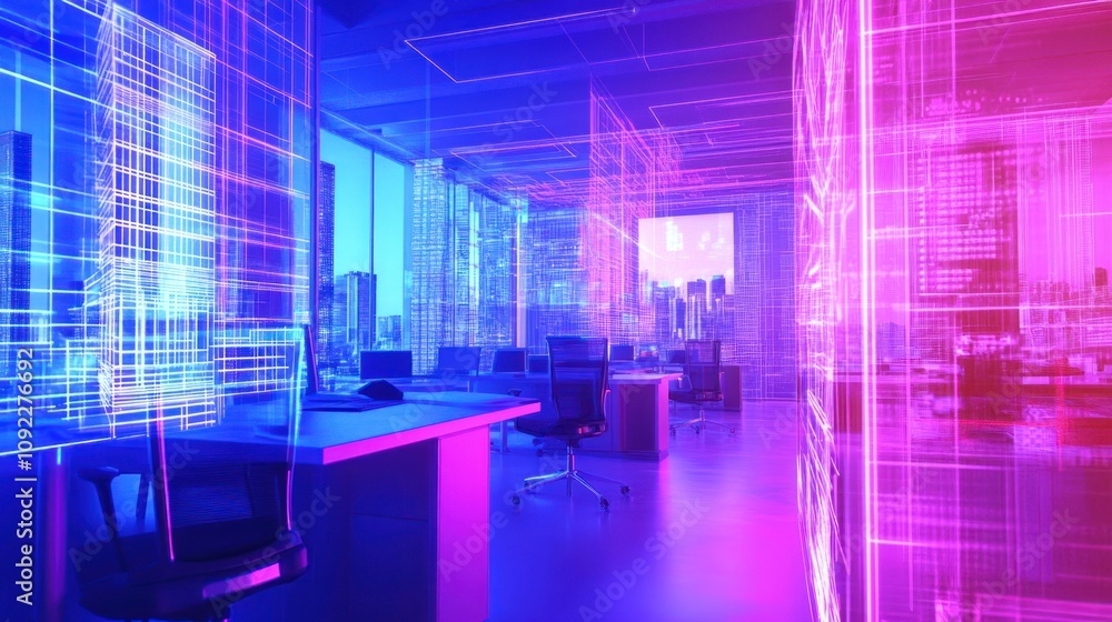 Futuristic office with neon lighting and city view. Futuristic office with neon lighting and city view.