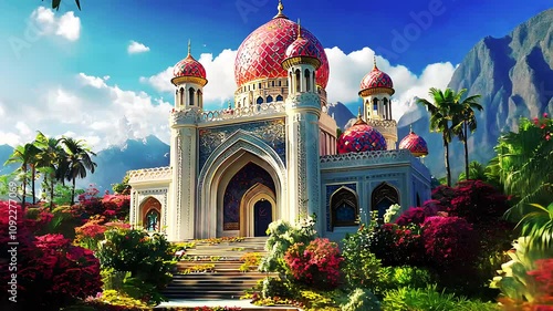 a majestic mosque set against a bright and serene background with fluffy white clouds and lush greenery photo