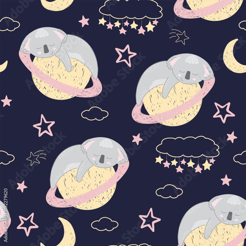 Adorable sleeping koalas in space on dark background. Vector seamless pattern with Australian bear. Cute childish bed linen design. Hand drawn marsupials for kids scrapbooking. Nursery wallpaper.