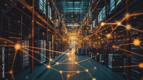 Blockchain in Supply Chain Management: A high-definition, photorealistic image of a warehouse with a digital overlay of a blockchain network tracking the movement of goods