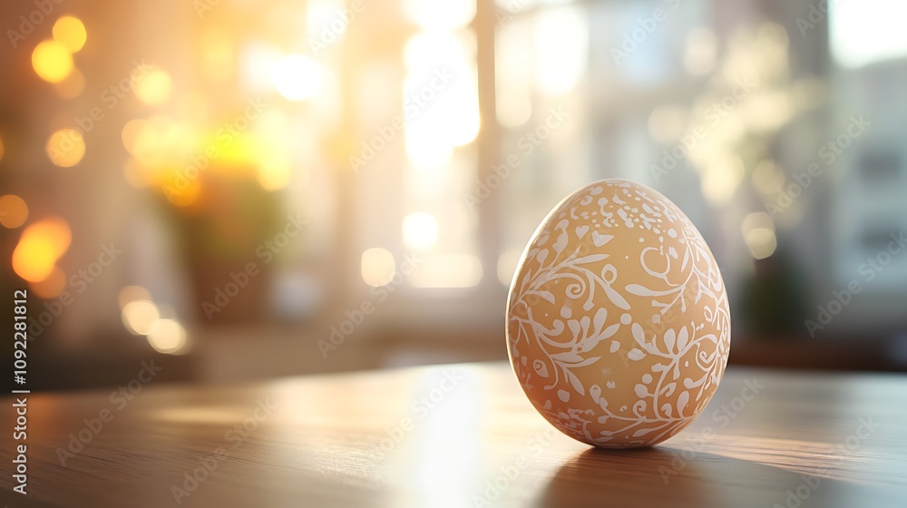 Fototapeta premium Artistic Easter egg with delicate patterns on a sleek wood table, blurred sunlit room behind, sunlight streaming through large windows, soft focus, hd quality, natural tones,