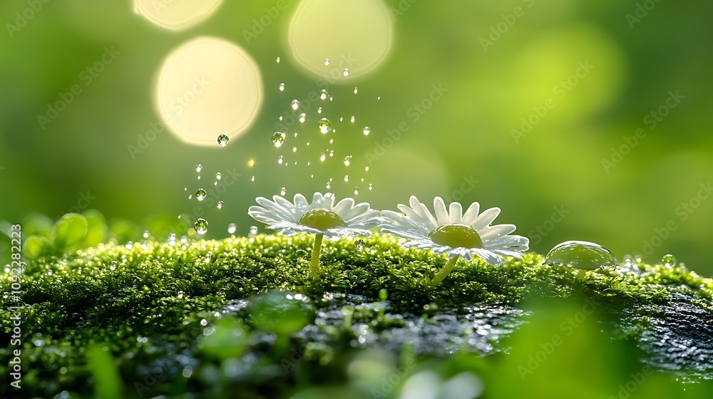 Obraz premium Close-Up Macro Shot of Moss-Covered Rock Adorned with Delicate White Flowers and Sparkling Water Droplets in a Lush Green Environment