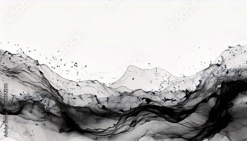 abstract black fluid painting on white background with empty space for text.