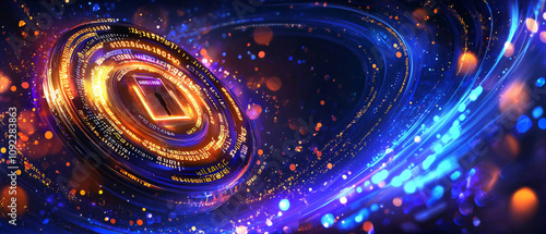 vibrant digital lock surrounded by glowing binary code and swirling lights creates futuristic atmosphere. This symbolizes security and technology