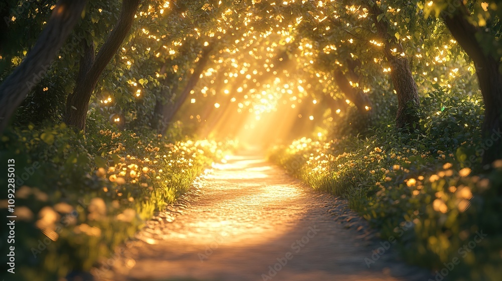 Fototapeta premium Tranquil pathway stretches endlessly, bathed in warm, golden sunlight