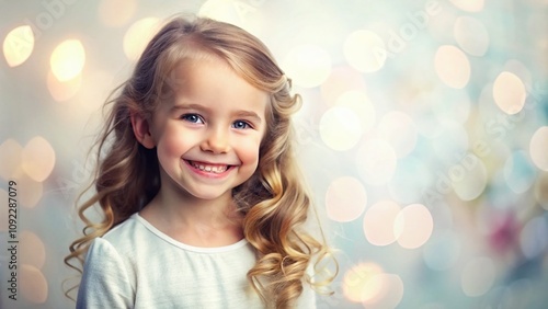 Delightful Minimalist Portrait of a Young Girl with a Radiant Smile in a Soft and Serene Setting, Perfect for Evoking Joy and Innocence in Stock Photography Collections