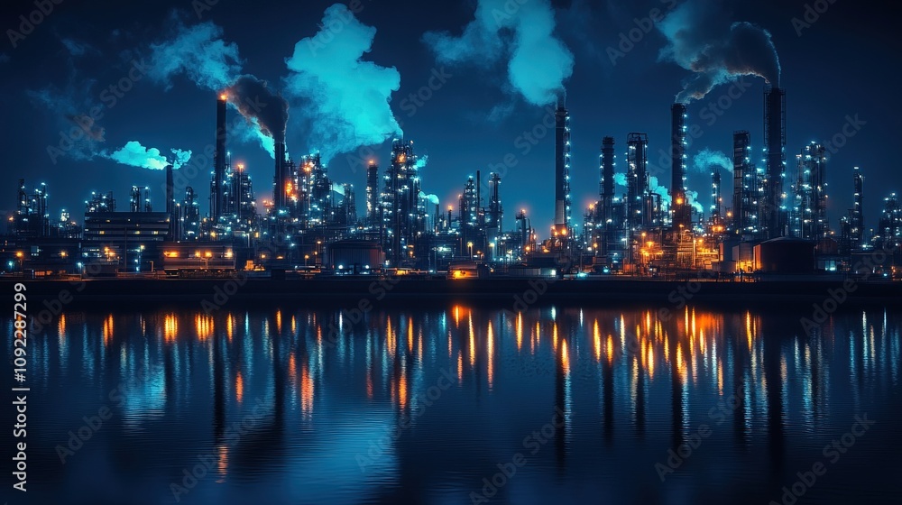 A futuristic industrial scene at night harbour A futuristic industrial scene at night harbour