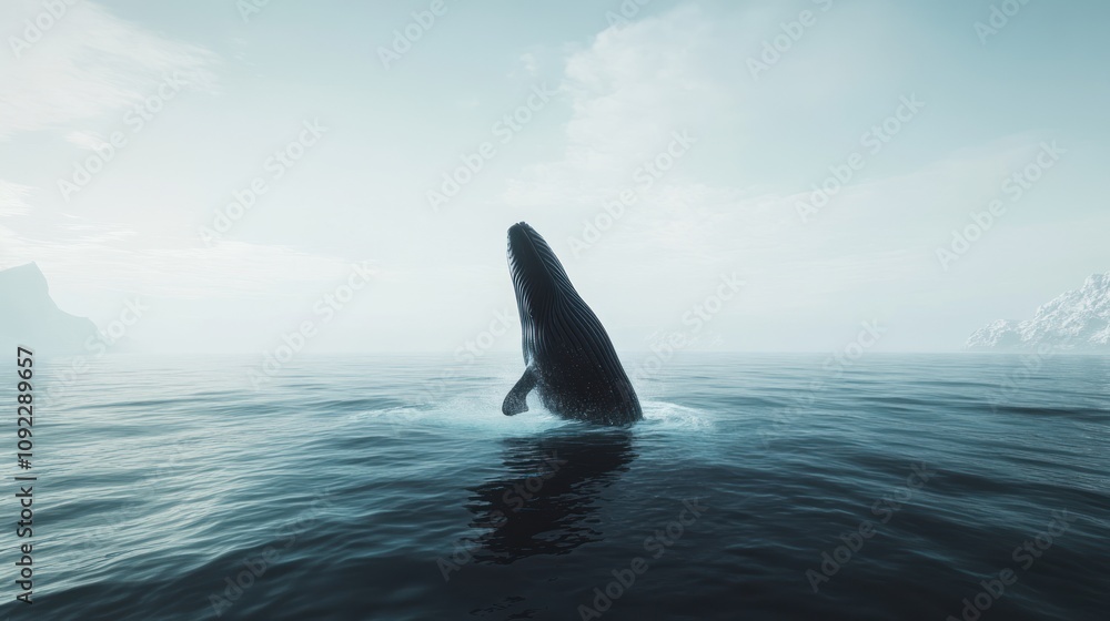 Naklejka premium Whale breaching in misty ocean.
