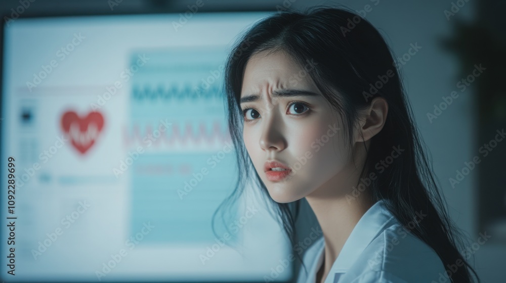 Fototapeta premium A woman experiencing chest pain, with a cardiology chart on the wall behind her.