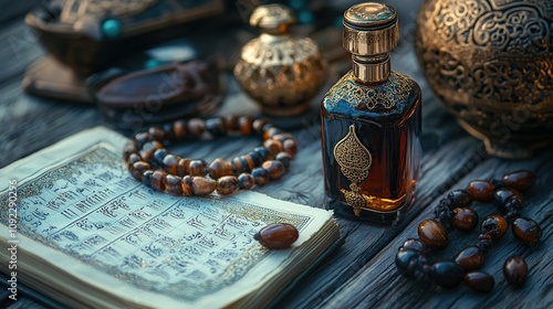 Quran, prayer beads, perfume, and antique items on a wooden table. photo