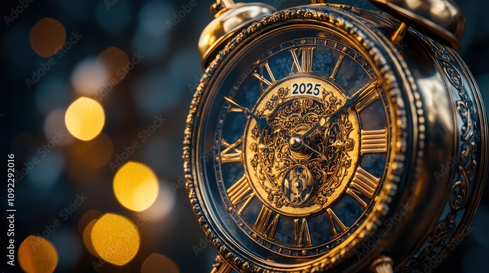 Obraz premium 2025 New Year Antique Clock Gold Time Festive Lights