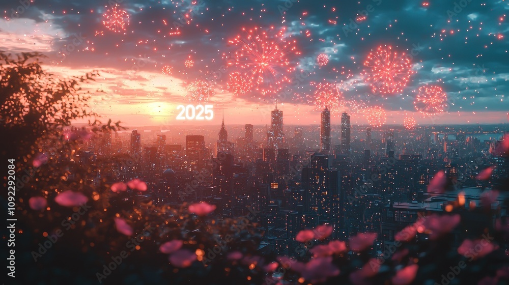 Obraz premium 2025 New Year Fireworks Cityscape Stunning Sunset Celebration
