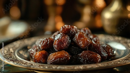 Close-up of a pile of sweet dates on an ornate plate. photo