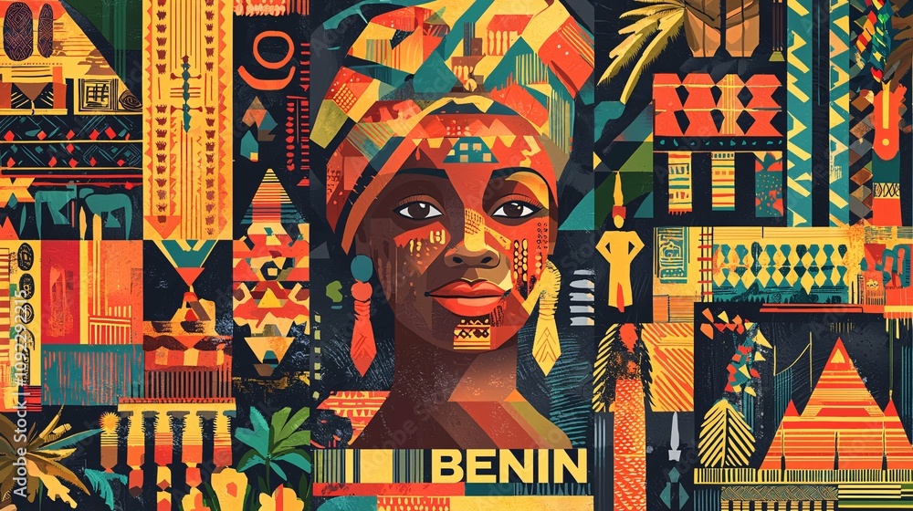 Obraz premium This striking poster showcases Benin's lively culture through traditional symbols, vibrant textiles, and stunning scenery, encouraging exploration of West Africa.