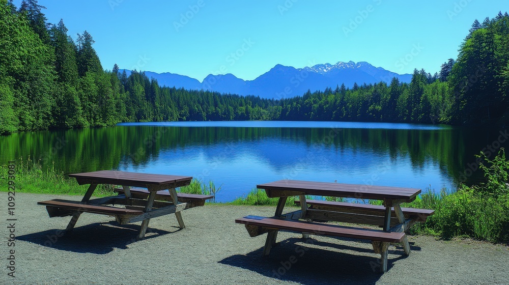 Obraz premium A serene lake view with picnic tables, surrounded by lush greenery and mountains.
