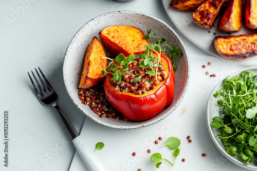 A plated plant-based dinner on a white table, with a stuffed bell peppers filled with quinoa, lentils, and vegetables.