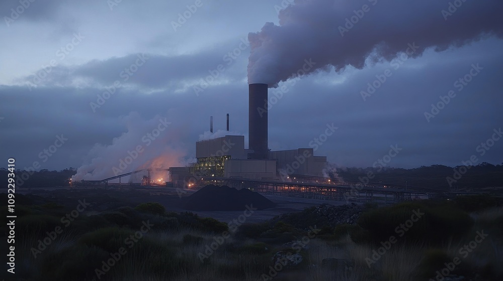 Fototapeta premium Industrial plant emitting smoke under overcast sky