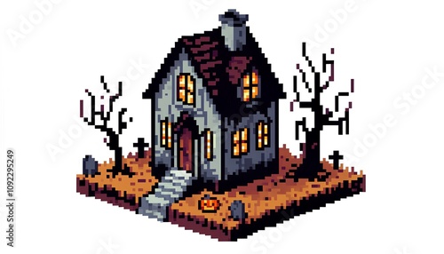 Spooky House Pixel Art on Isolated White Background photo