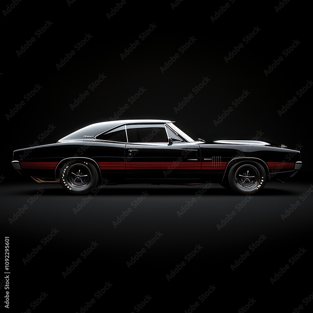 Naklejka premium A sleek black muscle car with red accents, showcased in a dramatic lighting setup.