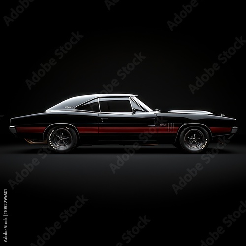 A sleek black muscle car with red accents, showcased in a dramatic lighting setup.