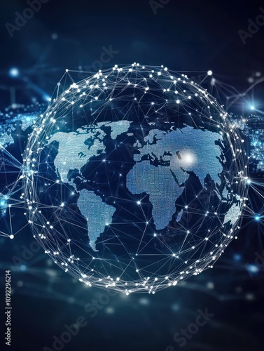 Blockchain technology futuristic hud background with world globe and blockchain polygon peer to peer network. Global cryptocurrency blockchain business banner concept.