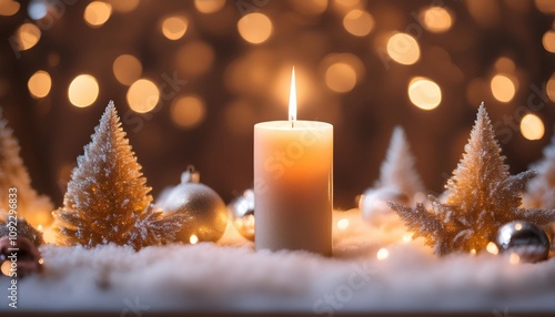 Golden bokeh lights and a snowy background, ideal for a magical and festive holiday card