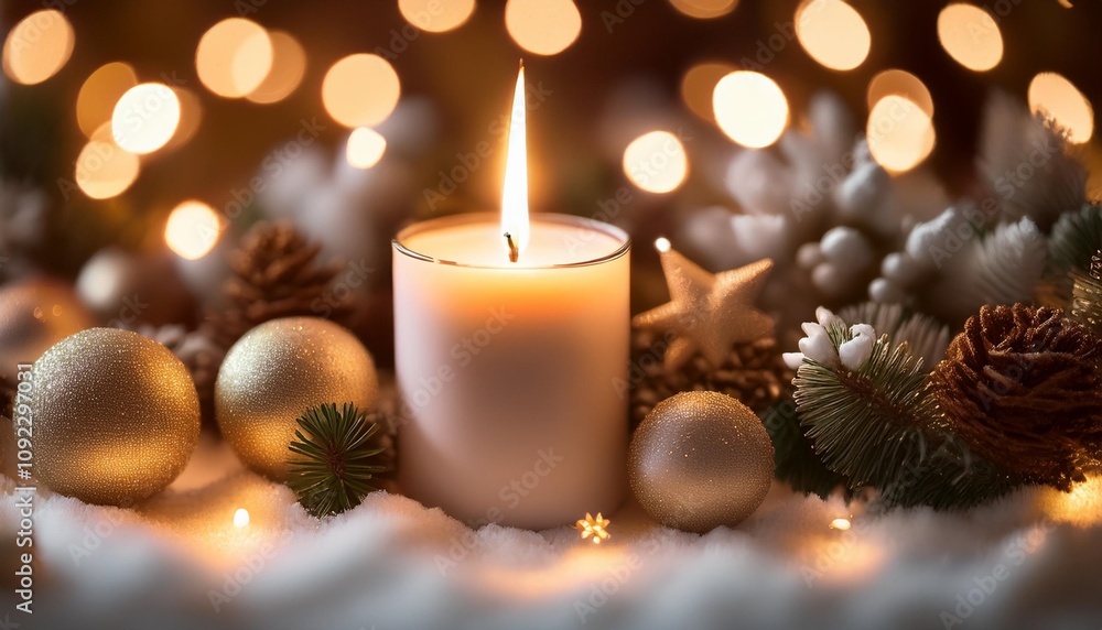 A lit candle surrounded by Christmas ornaments and snow, creating a warm and cozy atmosphere A lit candle surrounded by Christmas ornaments and snow, creating a warm and cozy atmosphere