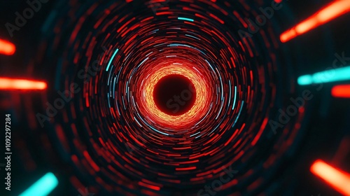 A mesmerizing view of a futuristic vortex with glowing lights swirling around a central core, creating a dynamic effect.