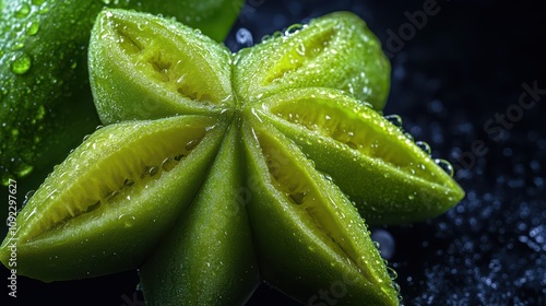 Suspended bright green carambola (starfruit) on black background: Intricate cross-section with water spray, octane render, and ultra-sharp focus in high-resolution HDR photography.