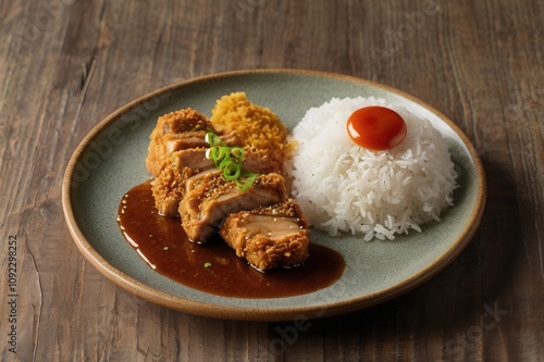 A plate of crispy chicken katsu served with kare curry sauce and steamed white rice with egg yolk photo