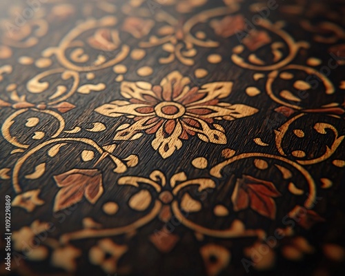 Close-up of intricate wood inlay design featuring floral patterns in warm tones on a dark background. photo