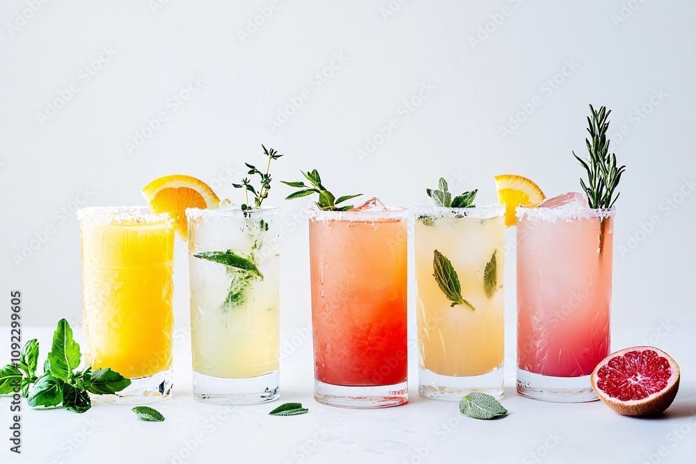 Fototapeta premium A vibrant array of non-alcoholic mocktails displayed in elegant glassware, adorned with fresh fruits and herbs, isolated on white.