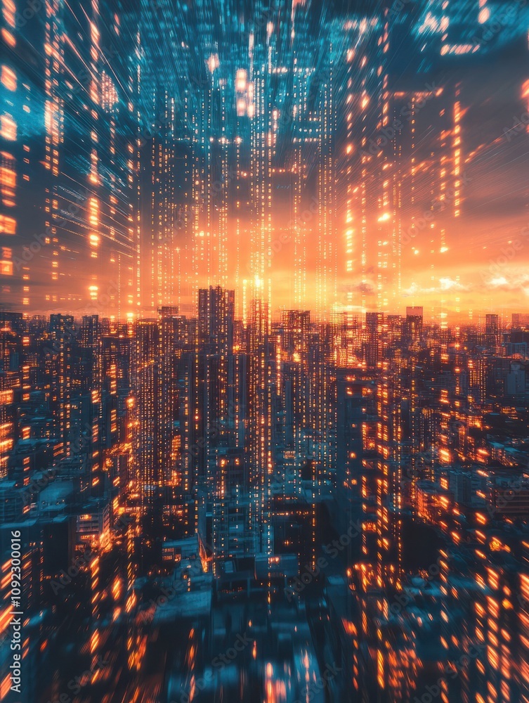 Fototapeta premium Creative binary code city backdrop. Digital transformation concept. Double exposure