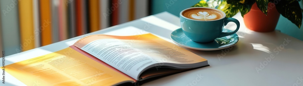 Open catalog on a clean desk with vibrant layouts and a cup of coffee nearby, catalog engagement, relaxed setting Open catalog on a clean desk with vibrant layouts and a cup of coffee nearby, catalog engagement, relaxed setting