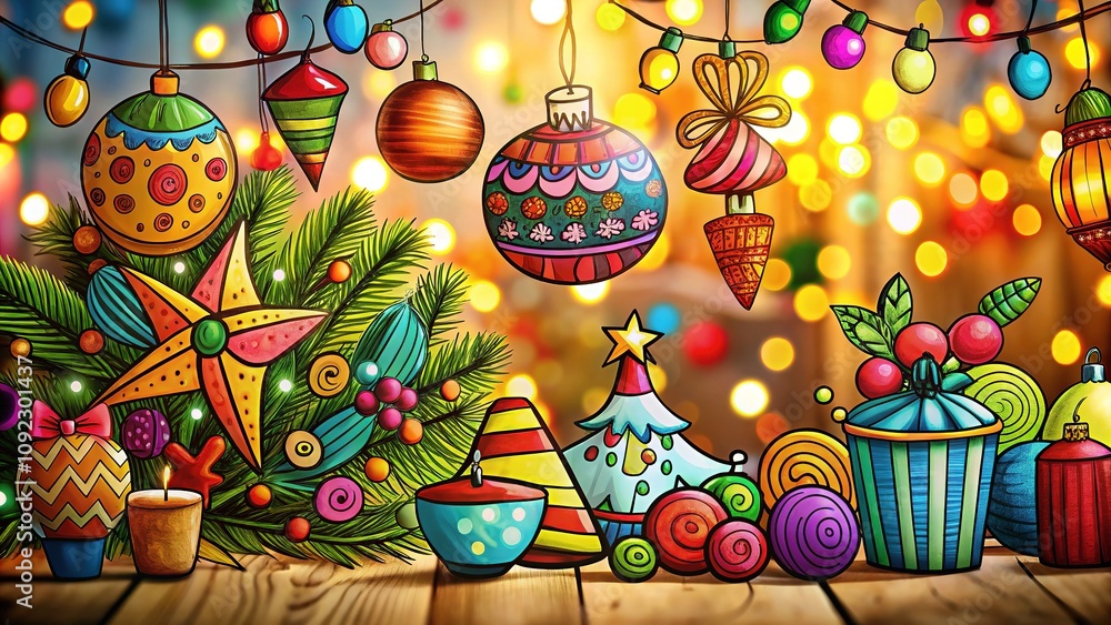 Fototapeta premium Hand-drawn decorations, doodle art, AI-generated festive imagery.