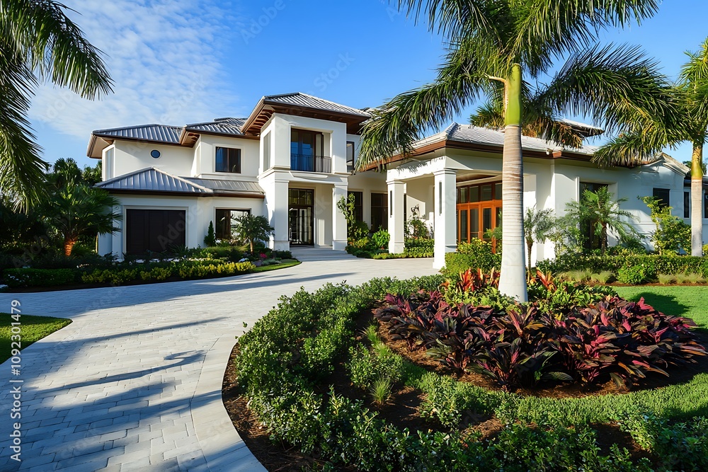 Fototapeta premium Luxurious Coastal Residence With Palm Trees And Landscaped Gardens
