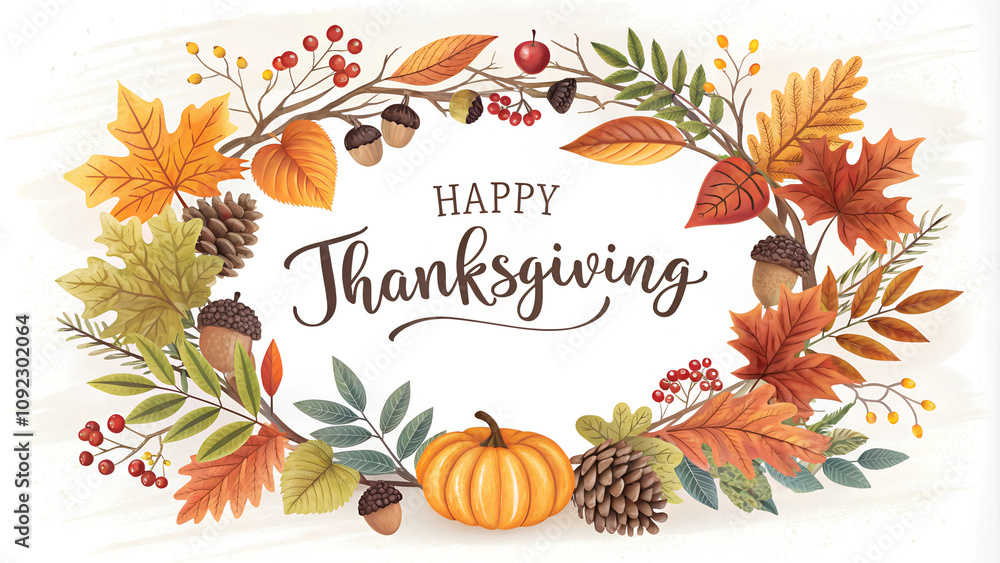 Fototapeta premium Detailed autumn wreath with Happy Thanksgiving text. Rich warm colors and realistic leaf textures for holiday posters or web banners