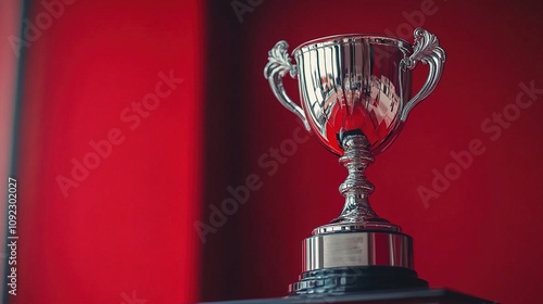 Shiny silver trophy against a vibrant red background, symbolizing victory, competition, and achievement in sports and tournaments.