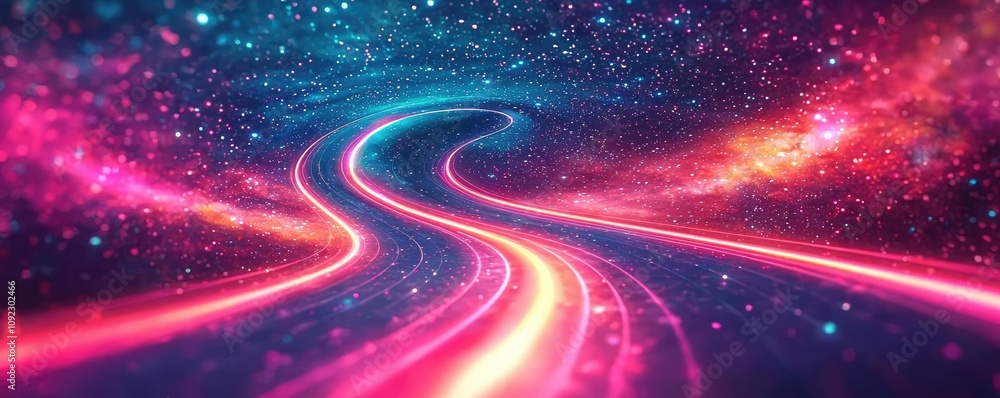 Fototapeta premium Abstract vibrant cosmic road with neon colors on a dark background.