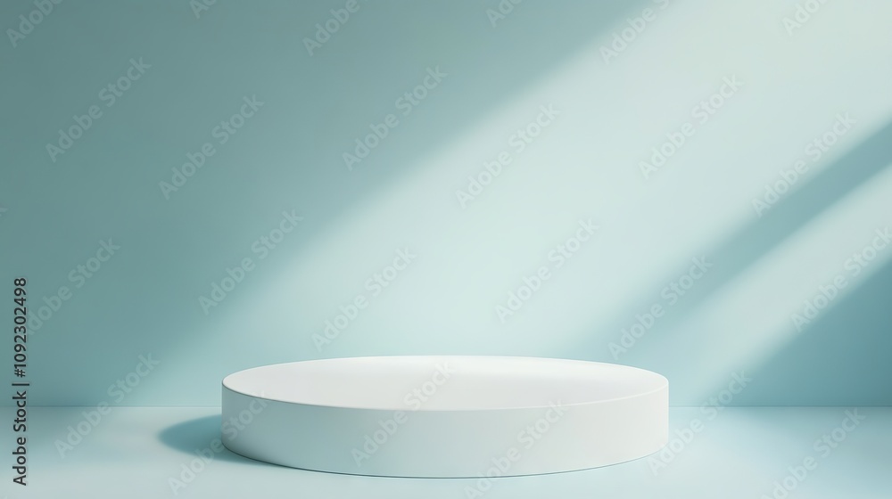 White round pedestal with spotlight on light blue background 3d studio template for product advertising and display White round pedestal with spotlight on light blue background 3d studio template for product advertising and display